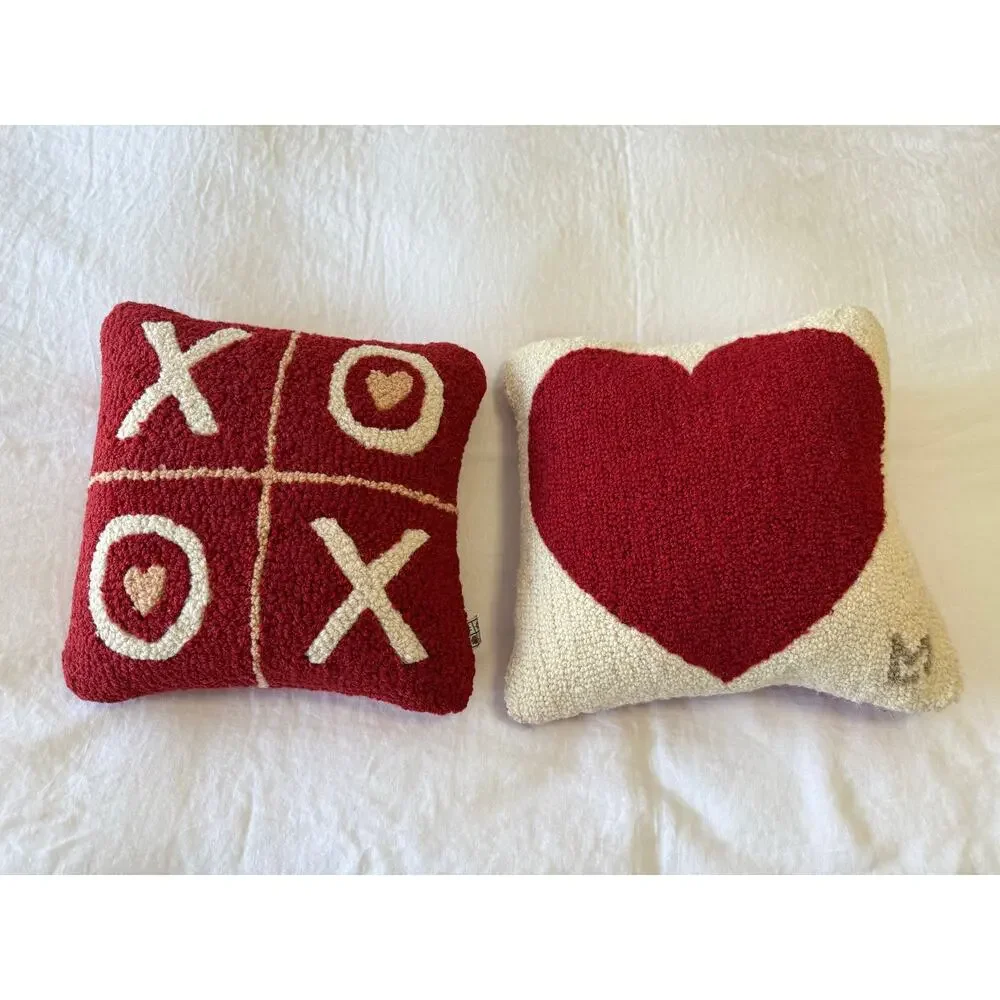 Laura Megroz | Set of 2 | Red Heart & Hugs/Kisses Pillows 13” Hooked Wool Velvet